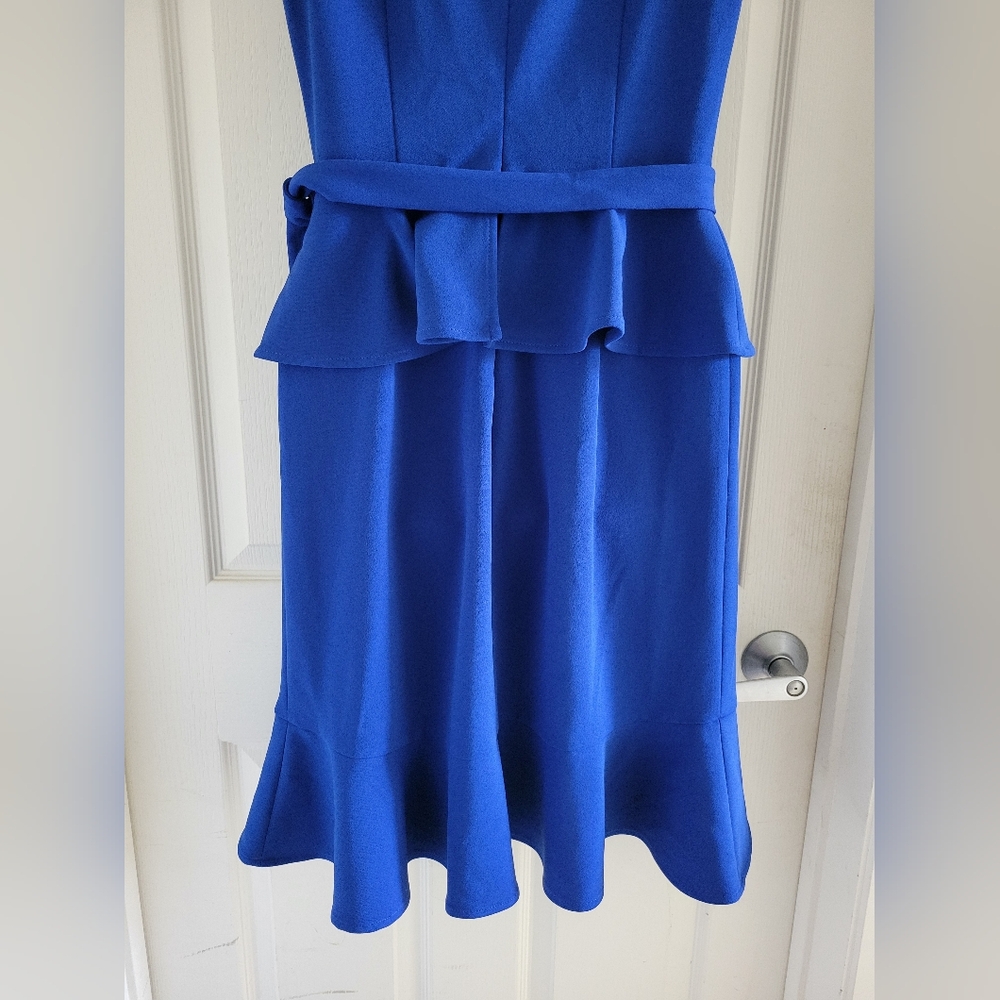 ✨️HP✨️Calvin Klein | NWOT Royal Blue Scuba Crepe V-Neck Ruffle Trim Midi Dress - Picture 10 of 13
